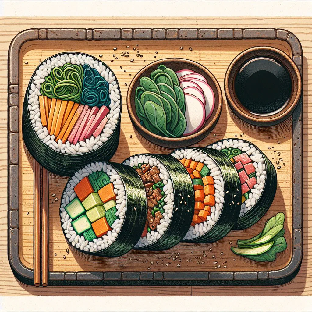 Sliced kimbap rolls filled with rice, vegetables and egg