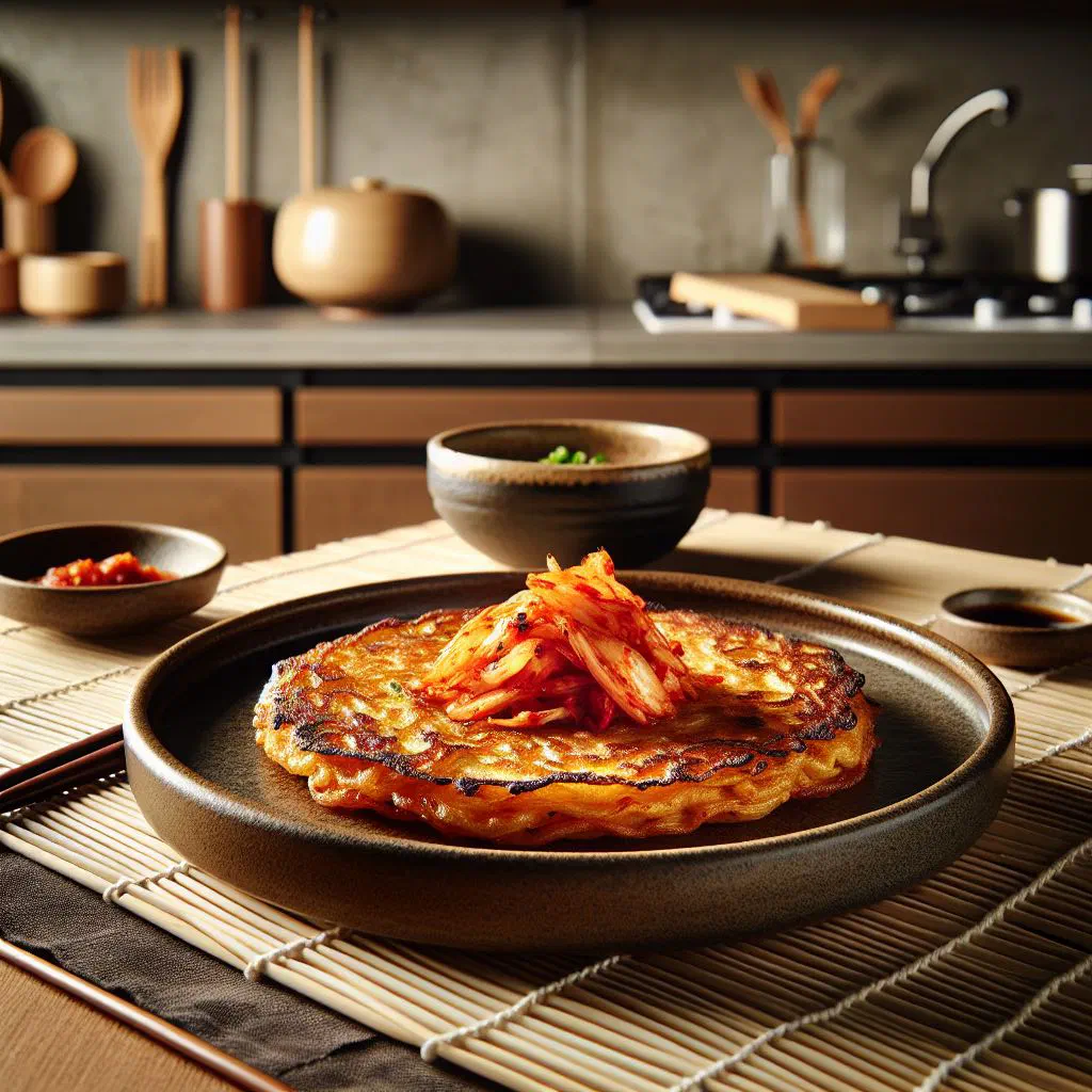Crispy golden kimchi jeon pancakes garnished with spring onions