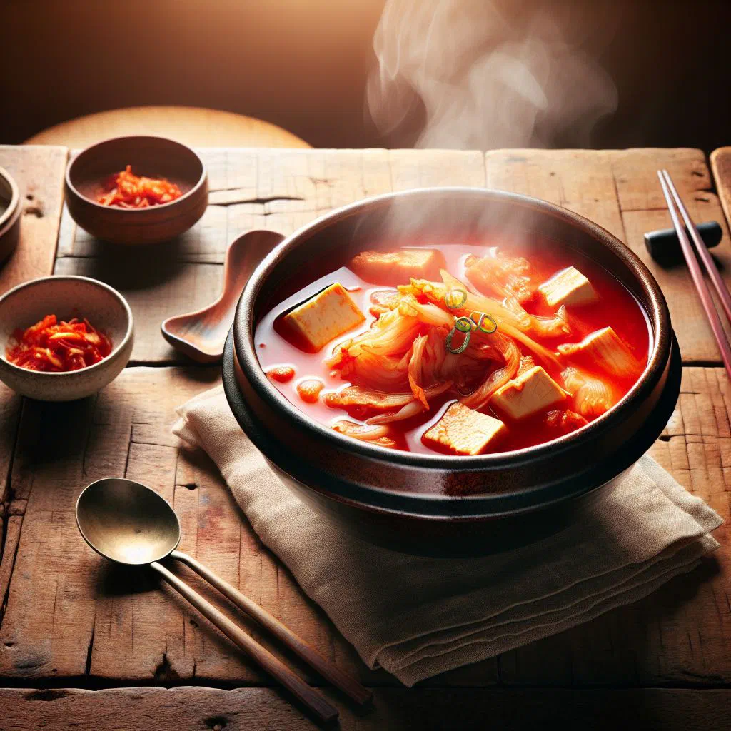 Bubbling pot of kimchi jjigae with tofu and spring onions
