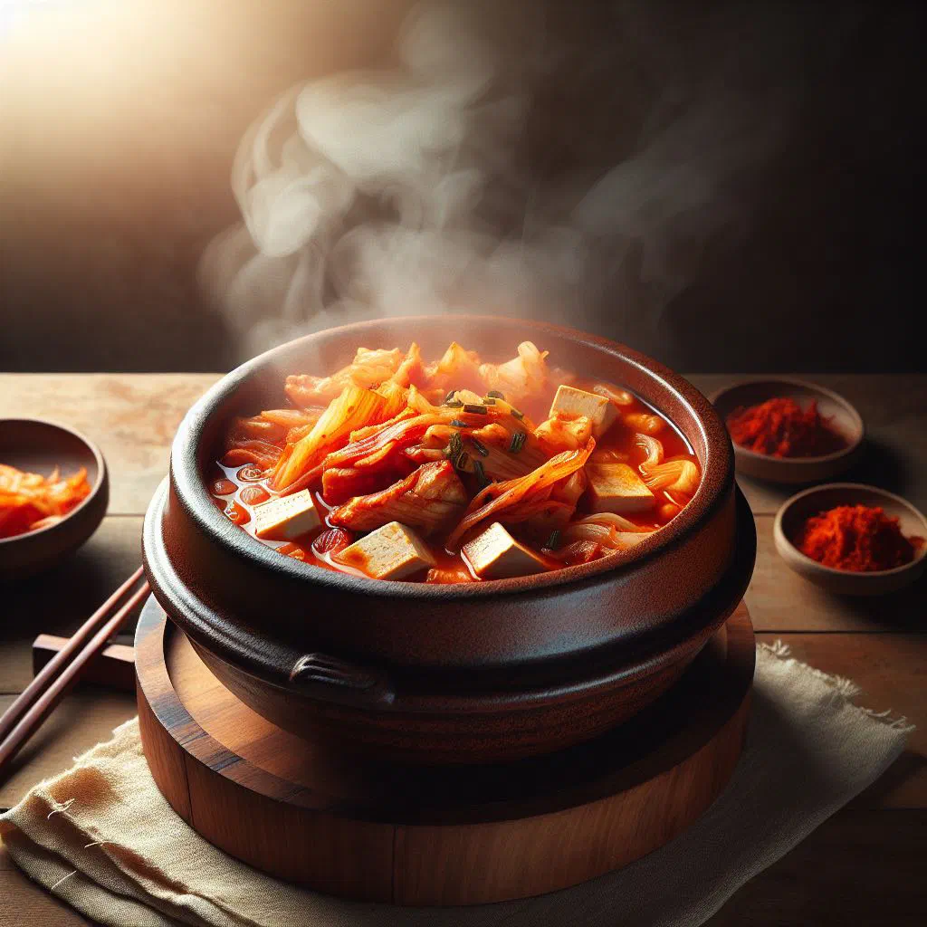 Bubbling kimchi jjigae stew with pork and tofu in an earthenware pot