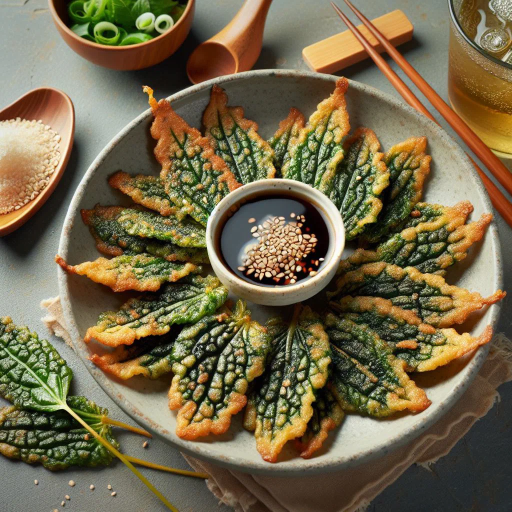 Crispy pan-fried Kkaennip Jeon perilla leaf fritters on a plate