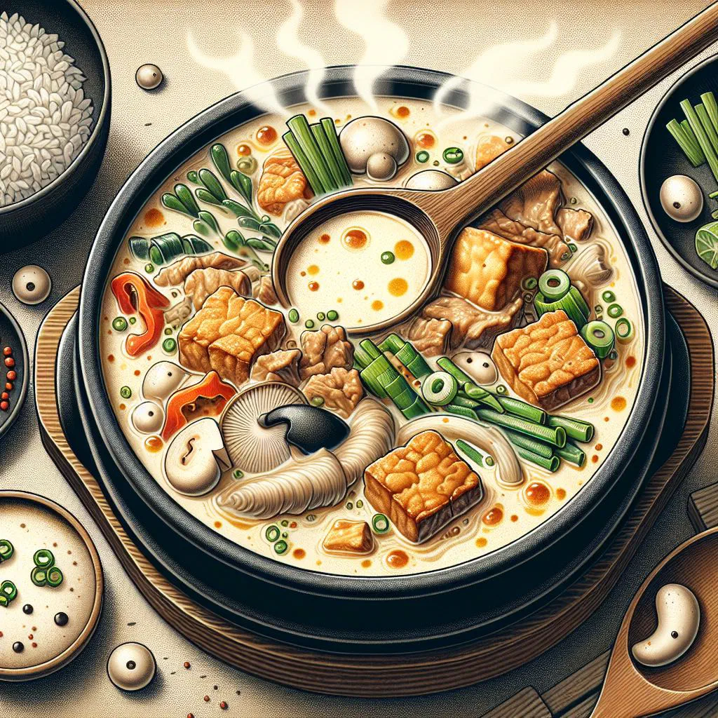 Creamy Korean soybean stew with tofu and spring onions in an earthenware bowl