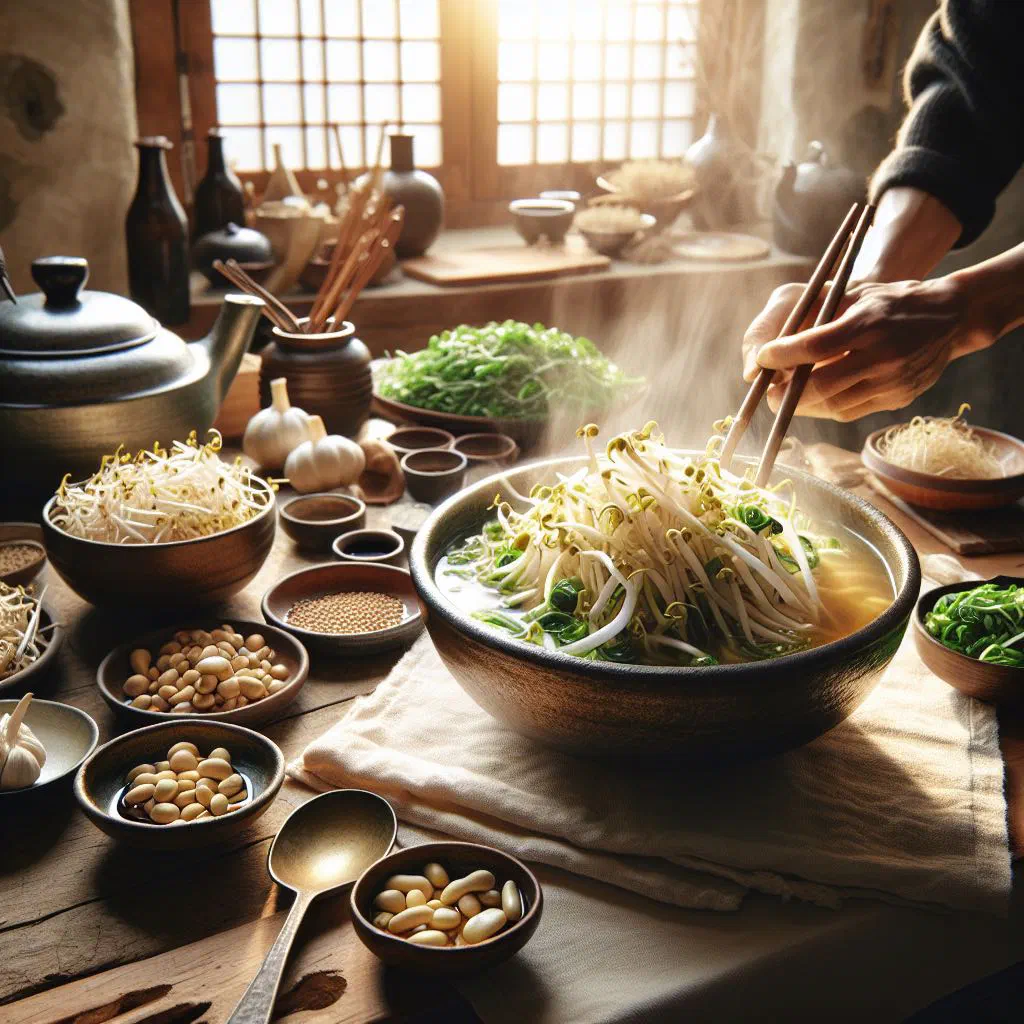 A steaming bowl of Korean soybean sprout soup garnished with spring onions
