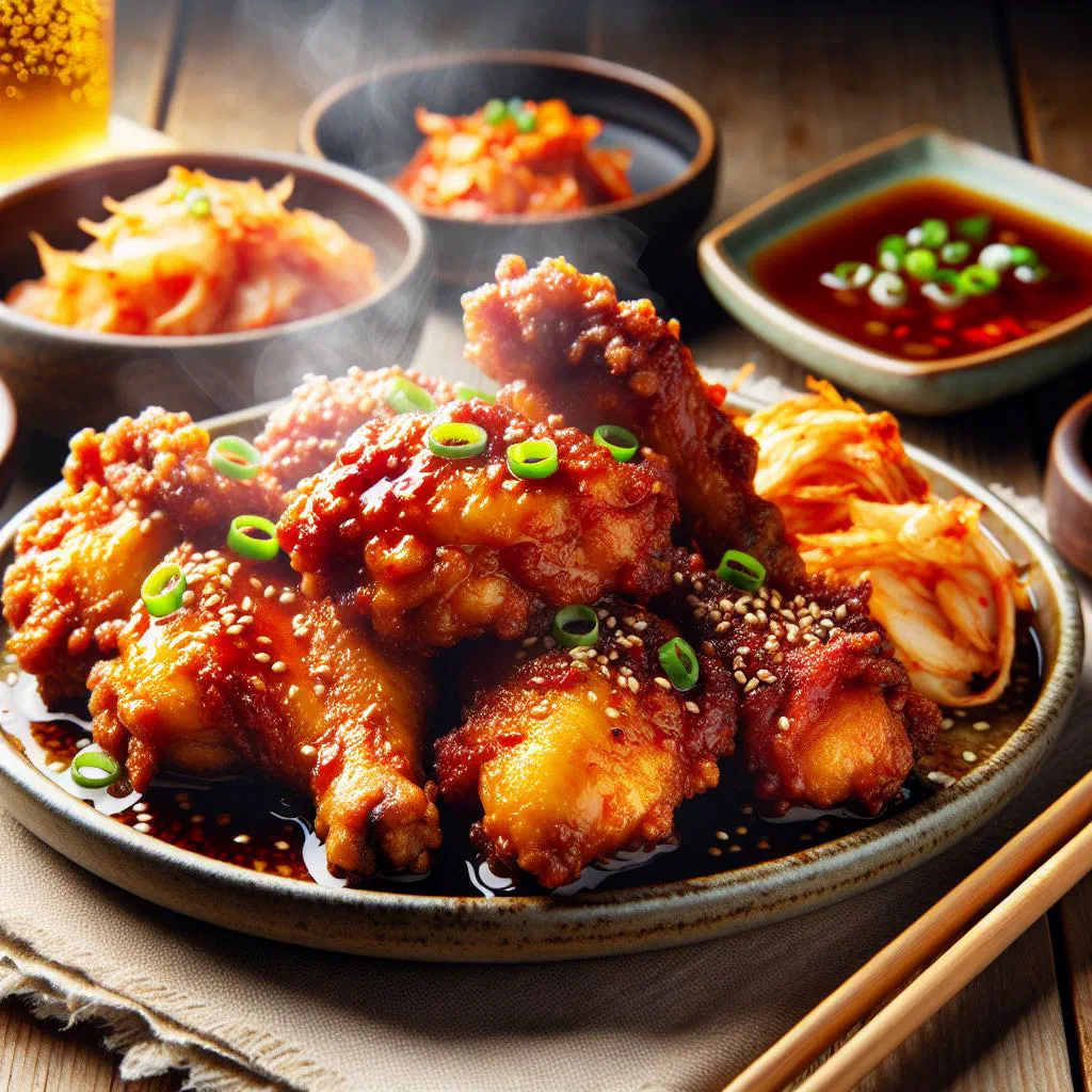 Crispy Korean fried chicken glazed in spicy gochujang sauce