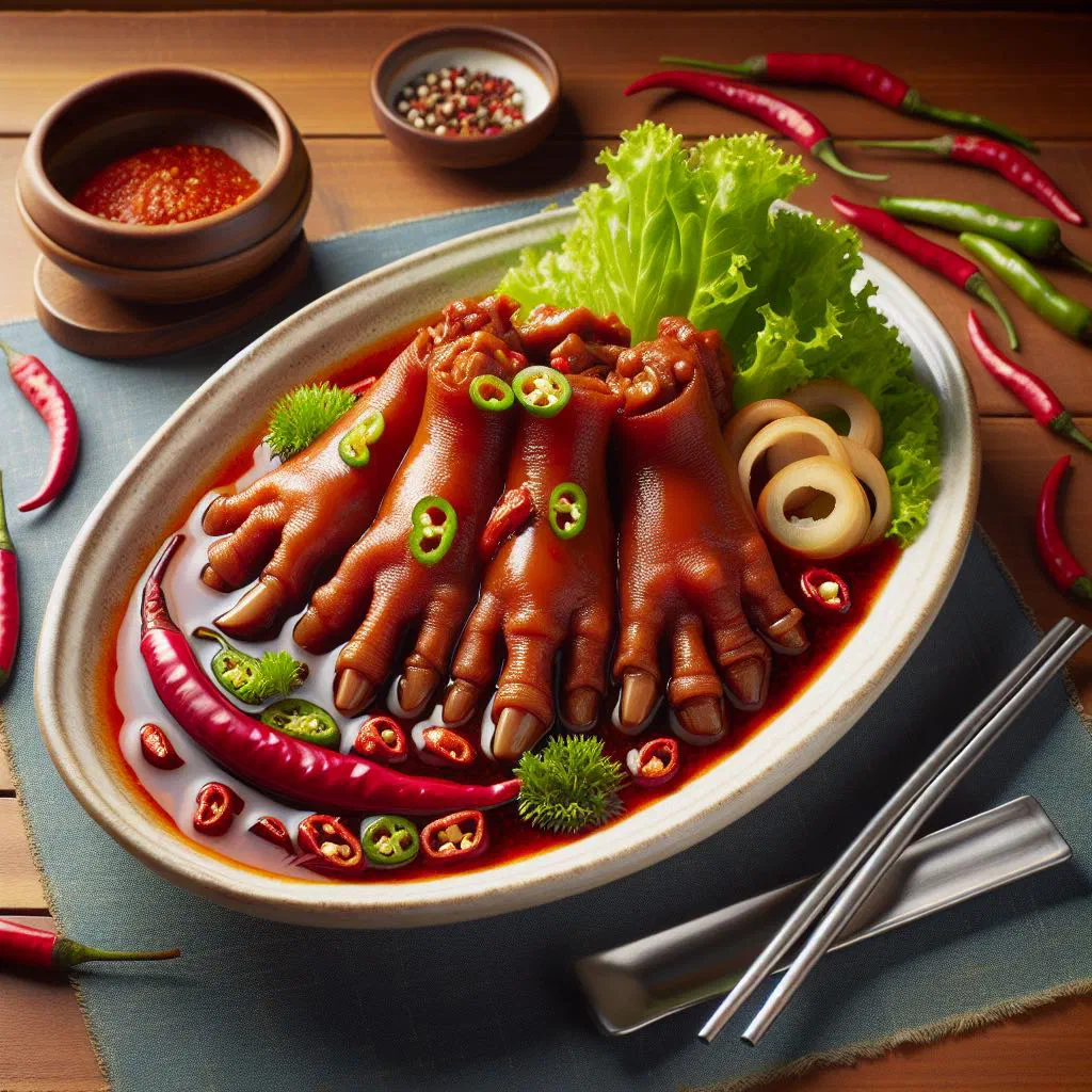Spicy Korean maeun jokbal pig trotters glazed in red gochujang marinade with spring onions