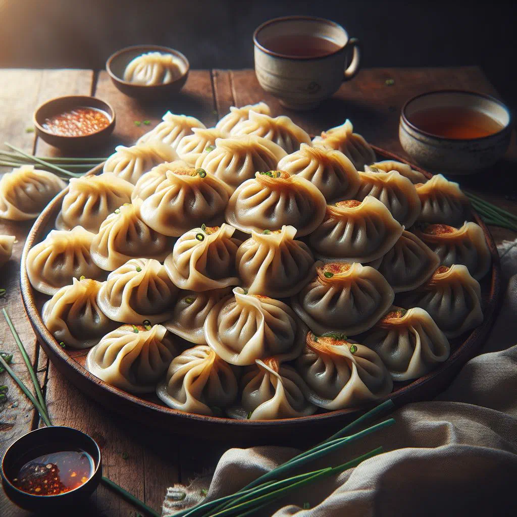 Plate of steamed and pan-fried Korean mandu dumplings with a dipping sauce