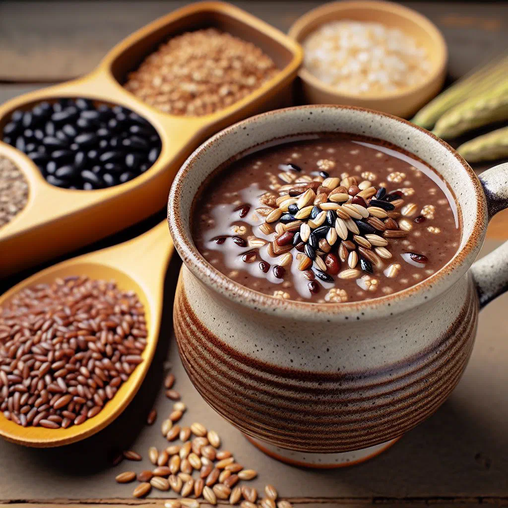 A glass of creamy misutgaru roasted grain drink topped with fresh fruit