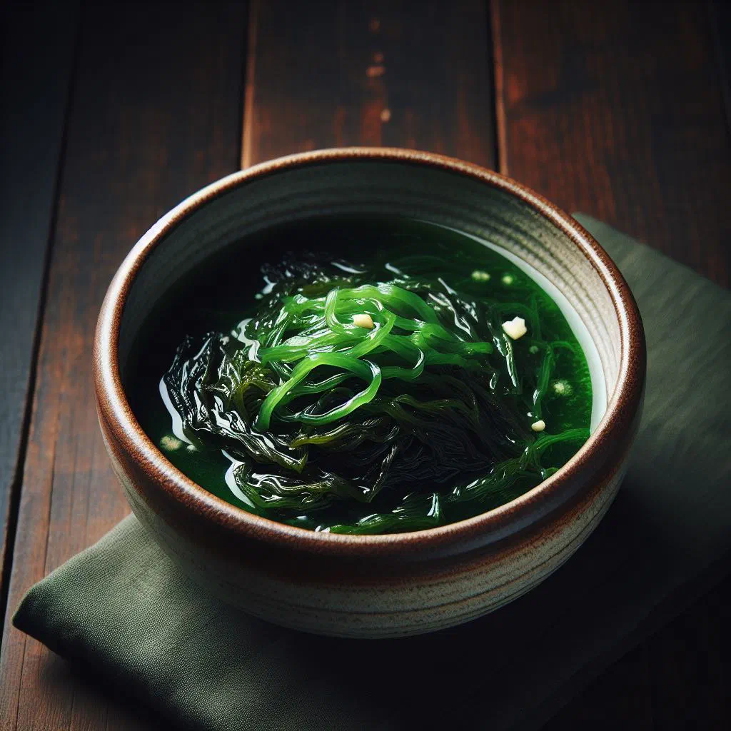 Bowl of Korean miyeok guk seaweed soup with sesame oil