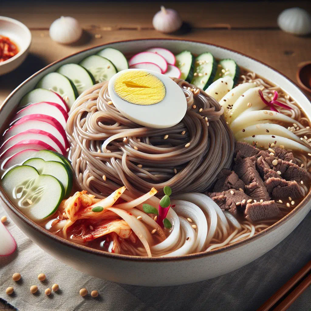 Bowl of mul naengmyeon cold buckwheat noodle soup with cucumber and egg
