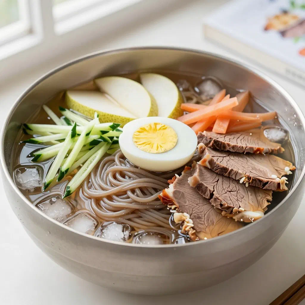 Cold naengmyeon buckwheat noodles in broth topped with cucumber, egg and vegetables