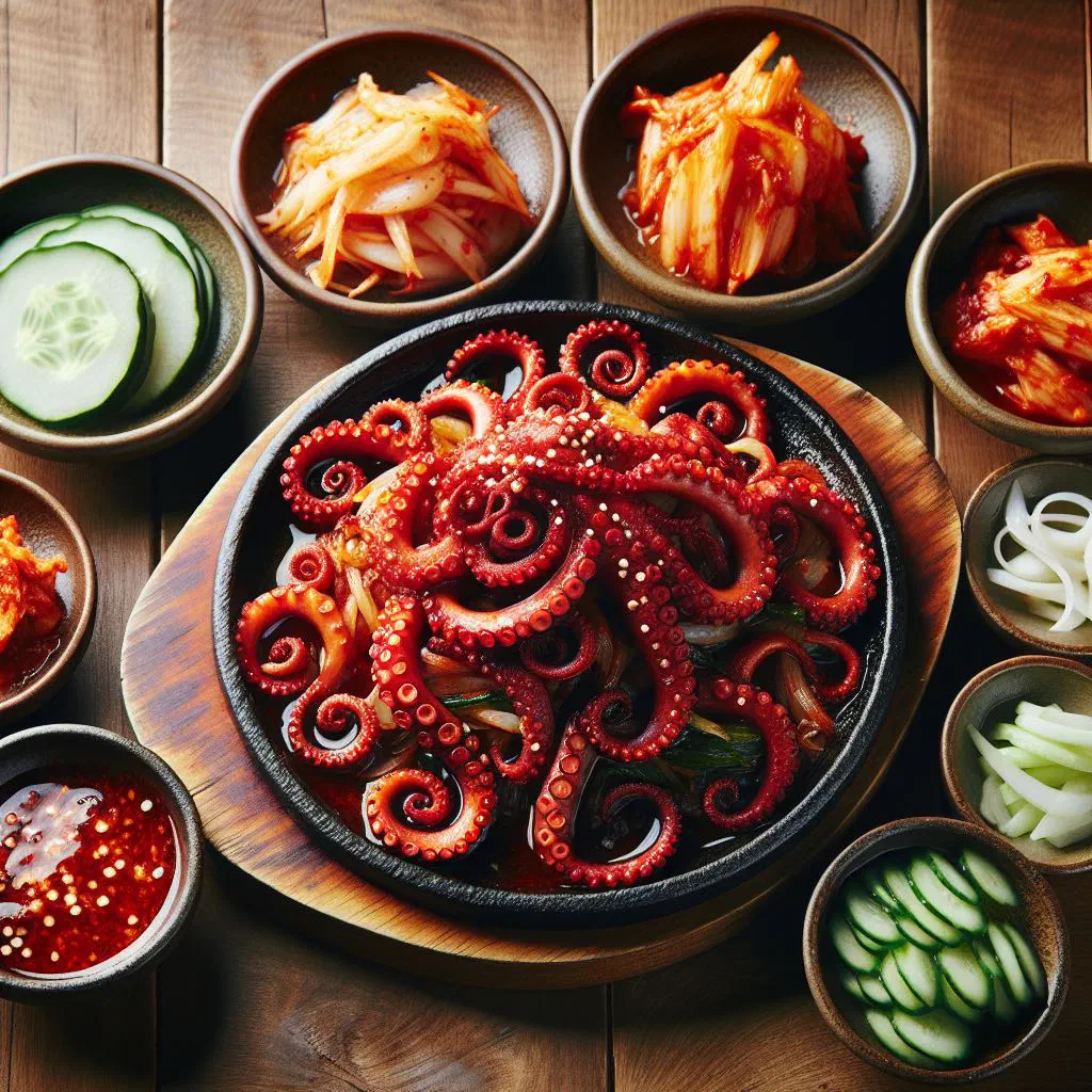 Spicy stir-fried octopus with vegetables in a red gochujang sauce, garnished with sesame seeds