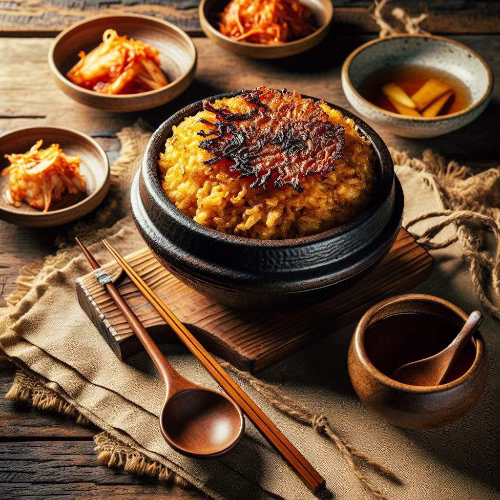 Golden, crispy nurungji scorched rice in a pan