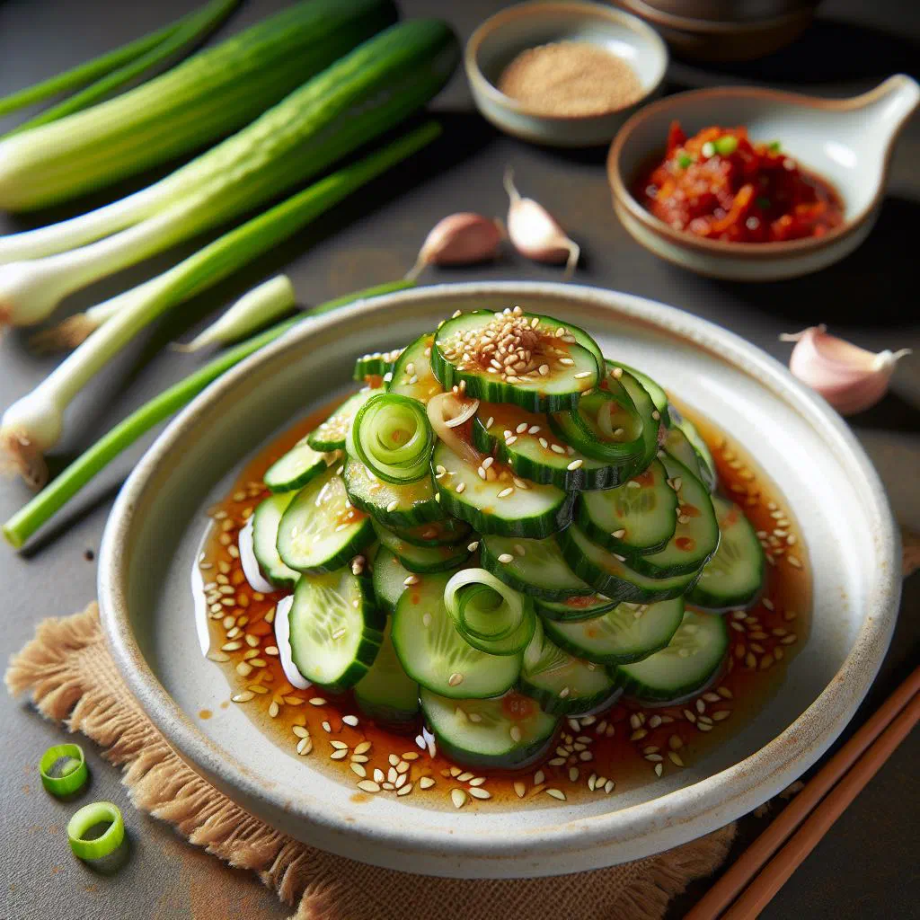Spicy Korean cucumber salad dressed with chilli, sesame oil and sesame seeds
