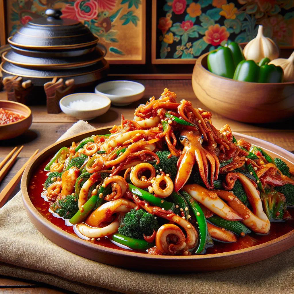 Spicy stir-fried squid with vegetables, garnished with spring onions and sesame seeds