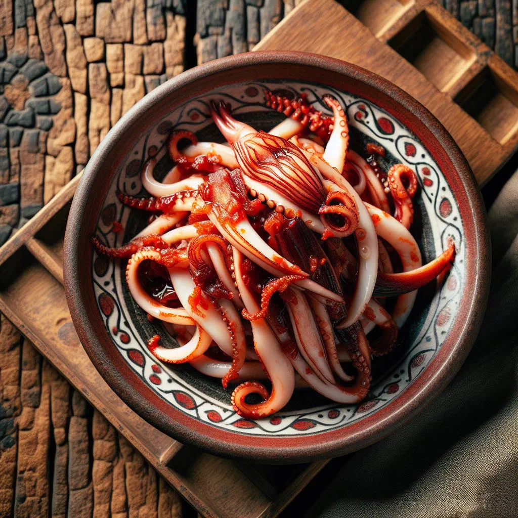 Fermented squid ojingeo jeot in a small bowl garnished with spring onion and chilli