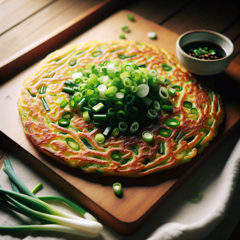 Golden Korean pajeon pancake topped with spring onions and a soy dipping sauce