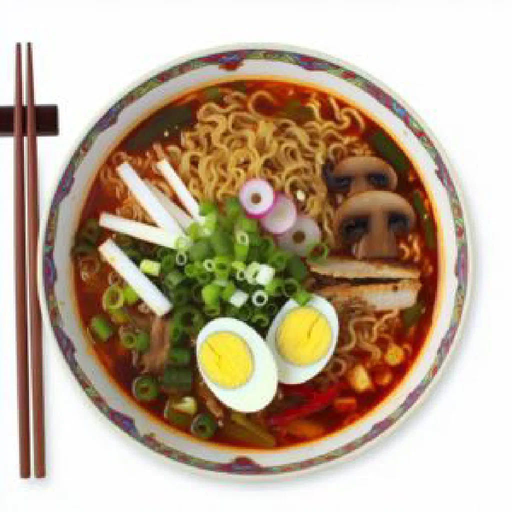 A steaming bowl of Korean ramyeon noodles topped with egg and spring onions