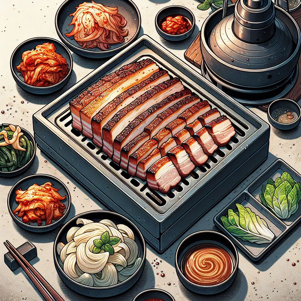 Grilled samgyeopsal pork belly strips with lettuce leaves and dipping sauces
