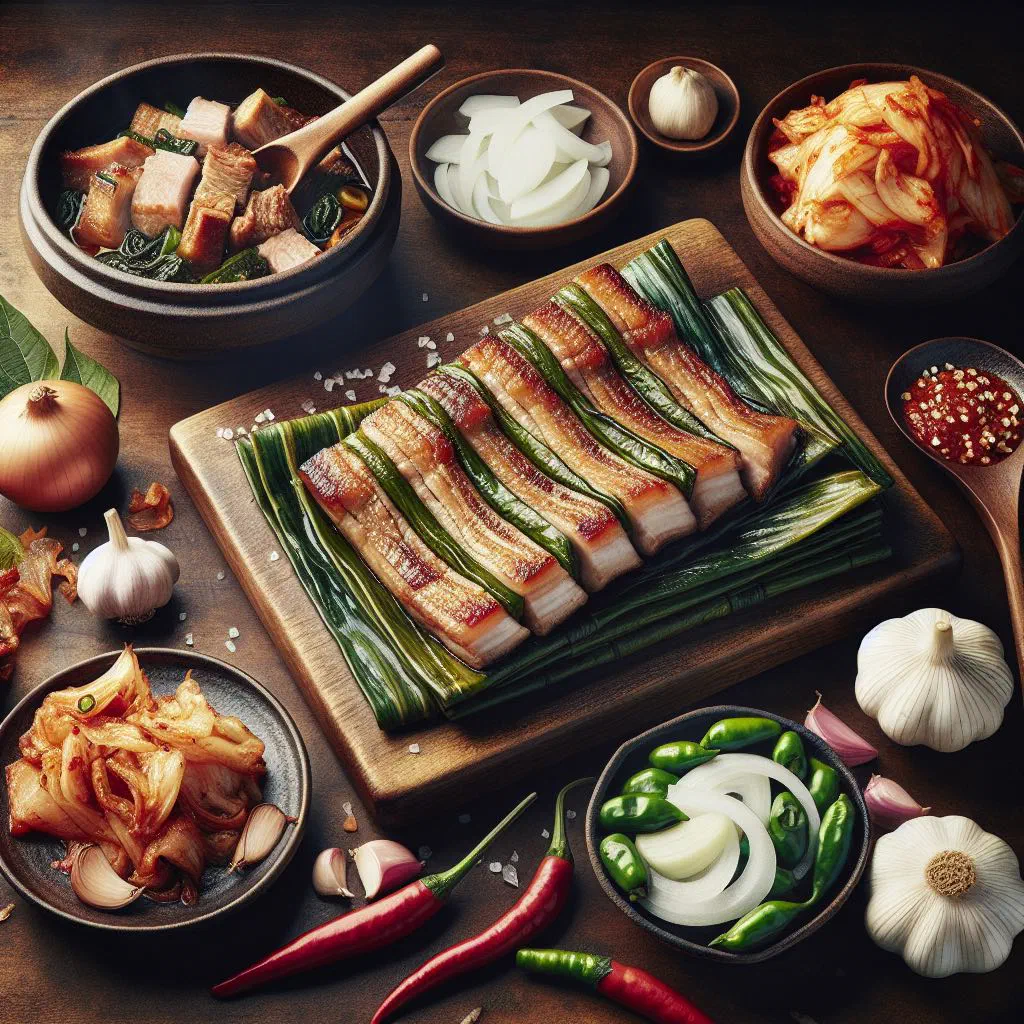 Grilled pork belly slices with lettuce, garlic and dipping sauce