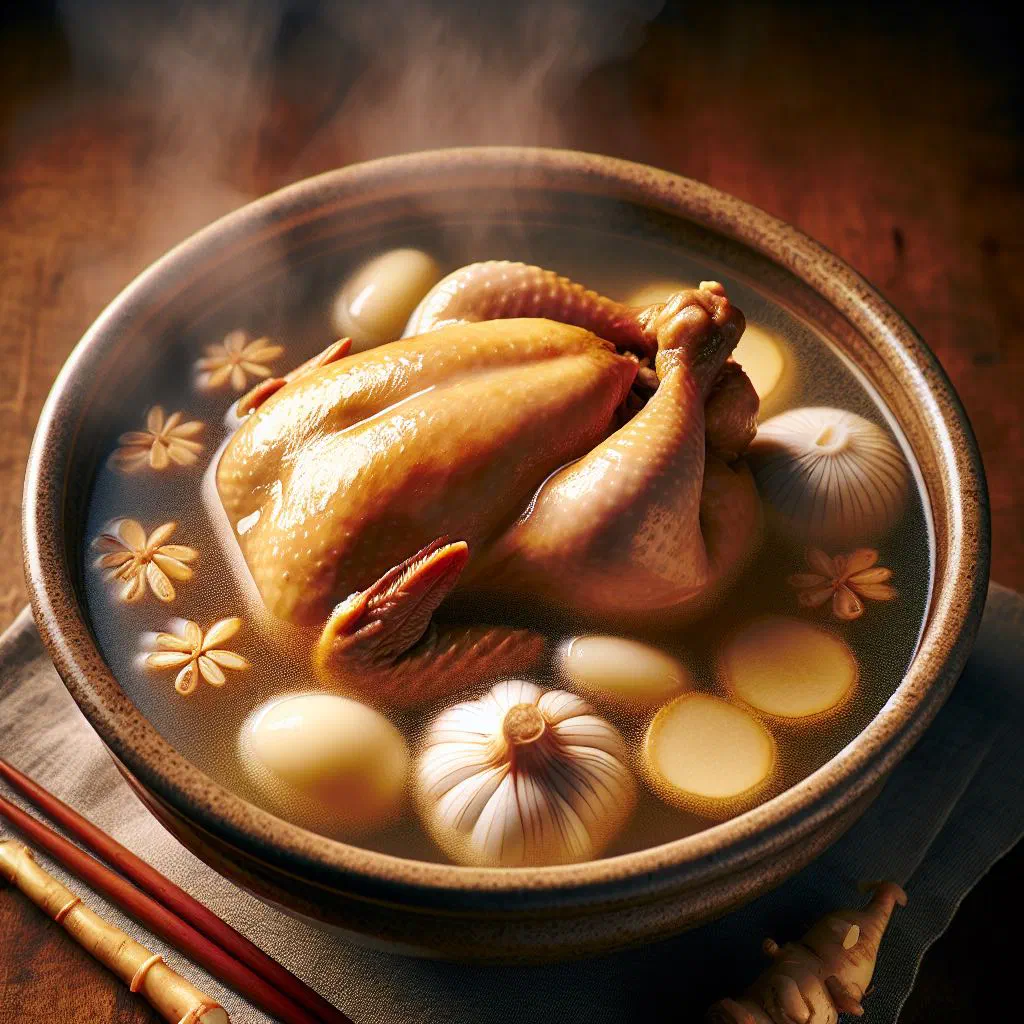 Whole young chicken in clear ginseng broth served in a stone bowl