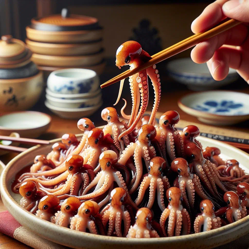 Freshly sliced sannakji octopus drizzled with sesame oil and sesame seeds