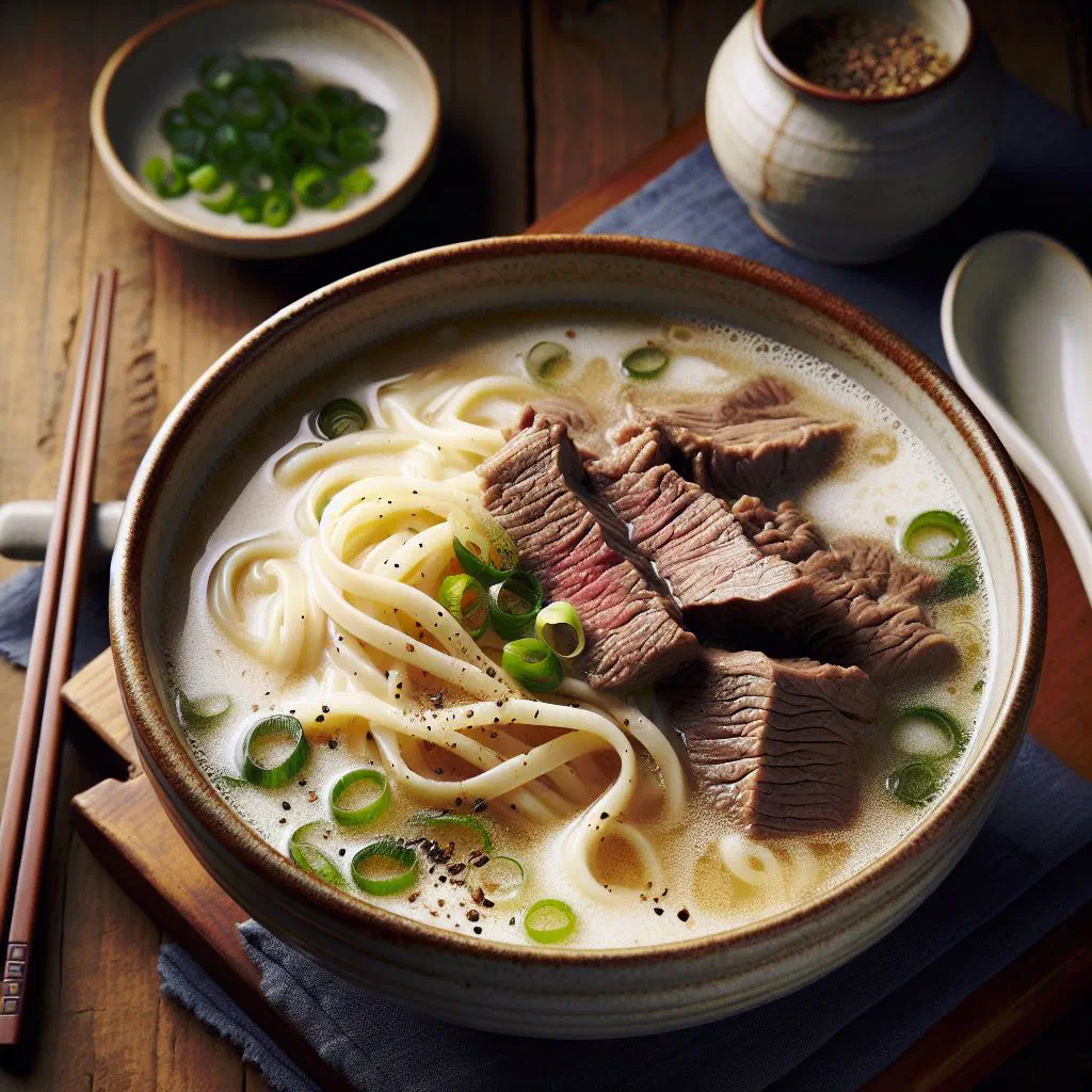 A bowl of milky Seolleongtang beef bone soup garnished with spring onions