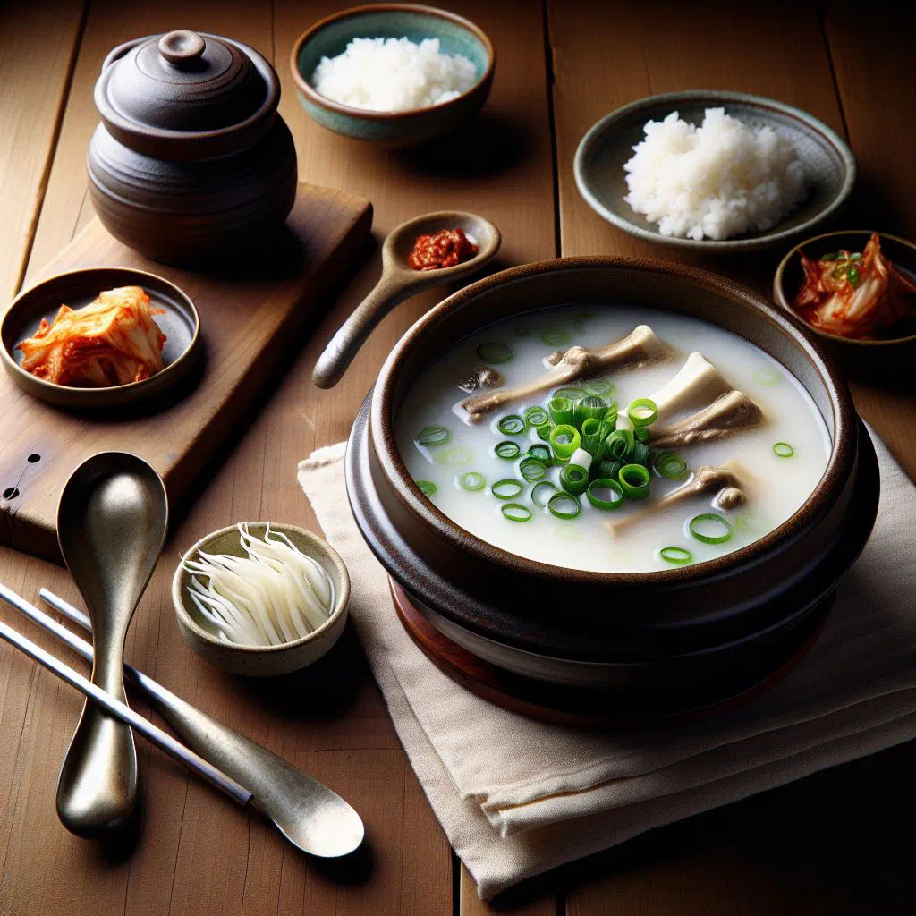 A bowl of milky Seolleongtang beef bone broth with rice and spring onions