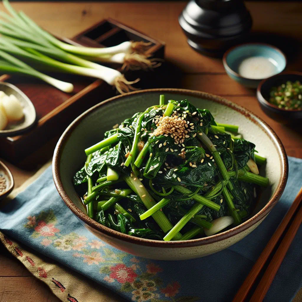Korean seasoned spinach side dish topped with toasted sesame seeds