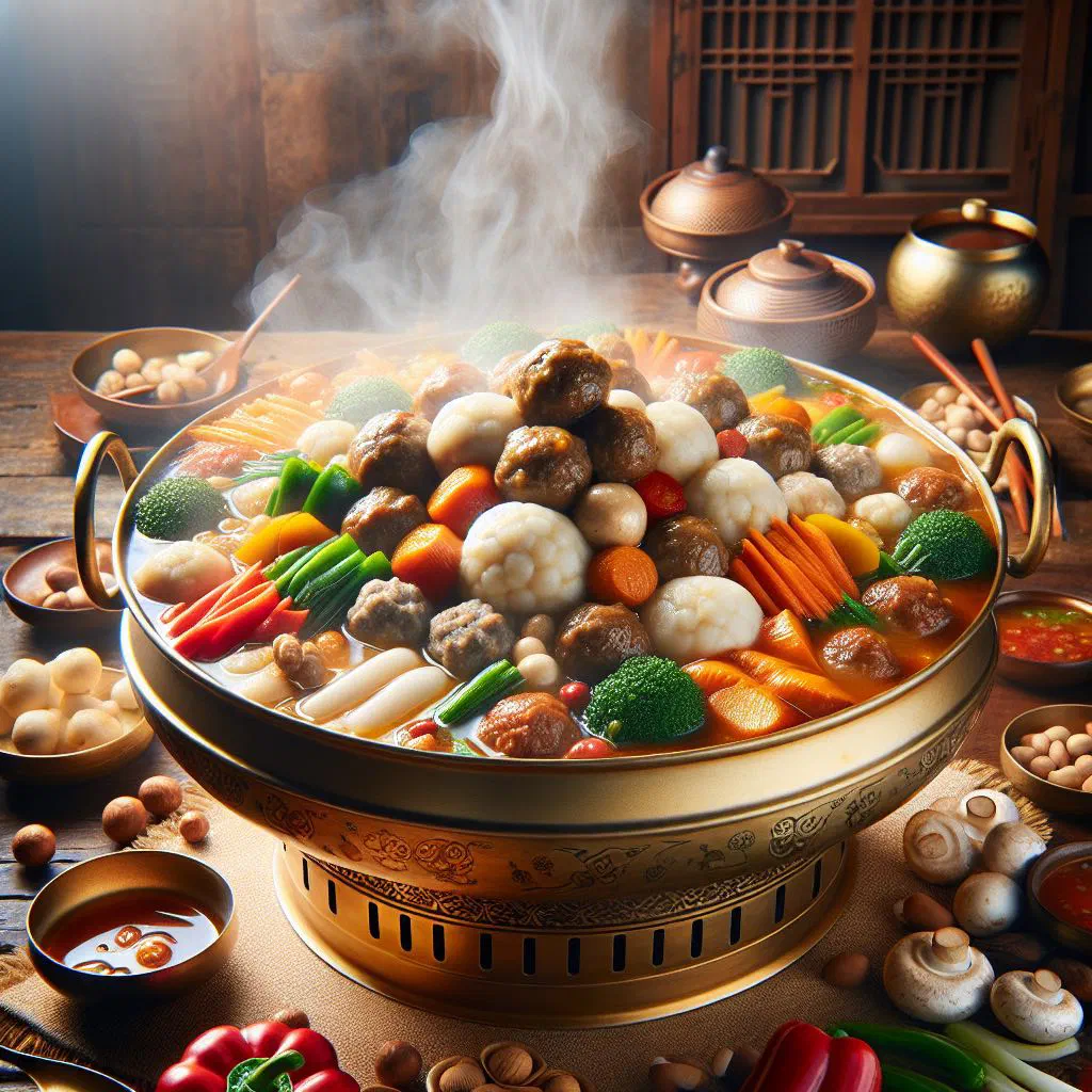 Sinseollo Korean royal hot pot with beef, vegetables and mushrooms in an ornate brass pot