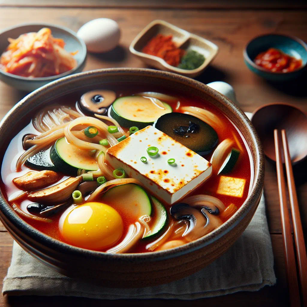 Bubbling sundubu jjigae soft tofu stew with spring onions and egg