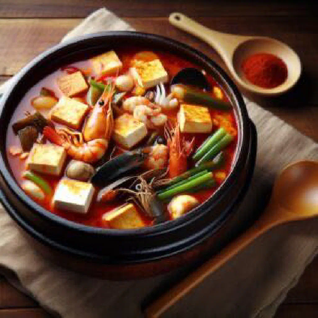 Bubbling sundubu jjigae soft tofu stew with spring onions and egg