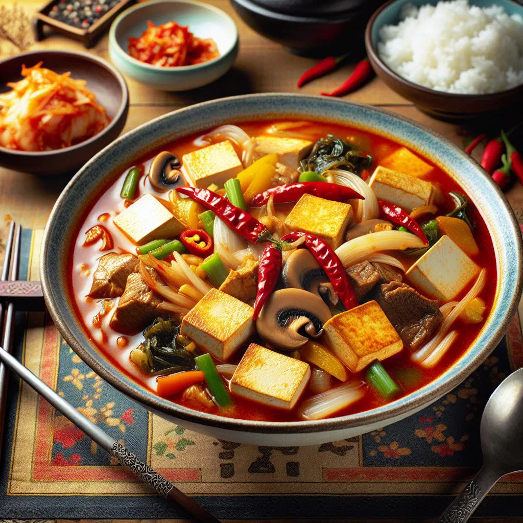Bubbling Korean tofu stew with vegetables and spring onions