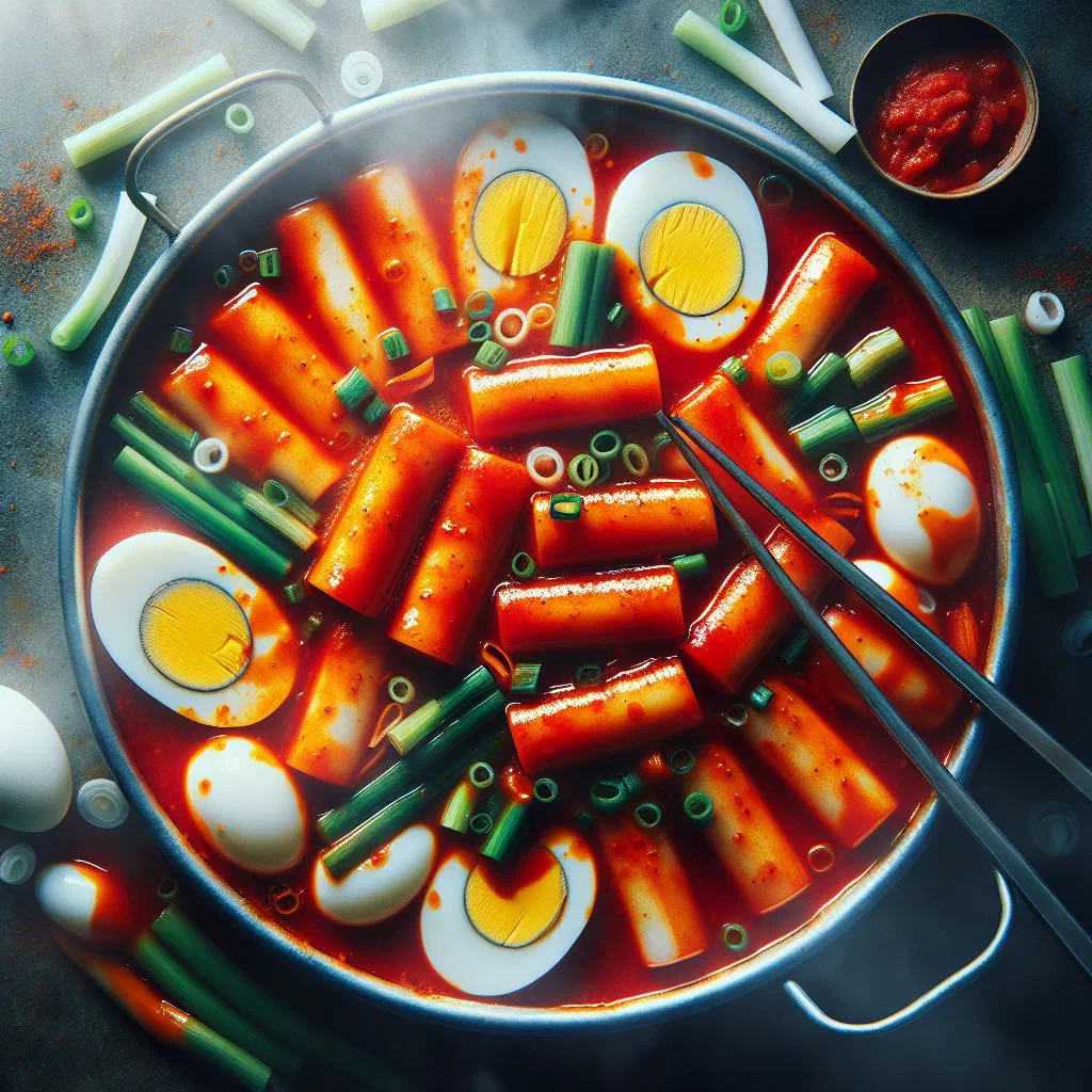 Tteokbokki rice cakes in spicy red gochujang sauce with spring onions
