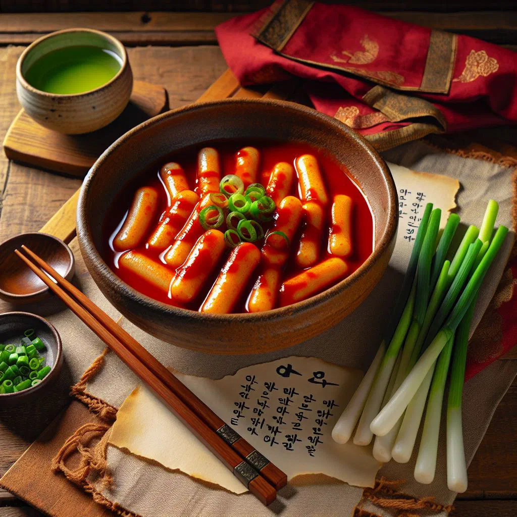 Spicy tteokbokki rice cakes in a glossy red sauce garnished with spring onions and sesame