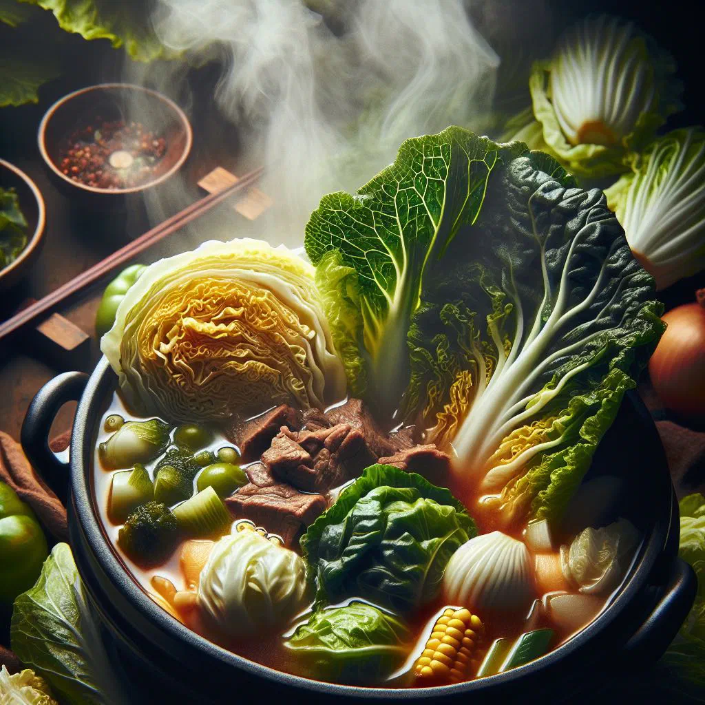 A steaming bowl of Ugeoji Tang with beef, fermented greens and spring onions