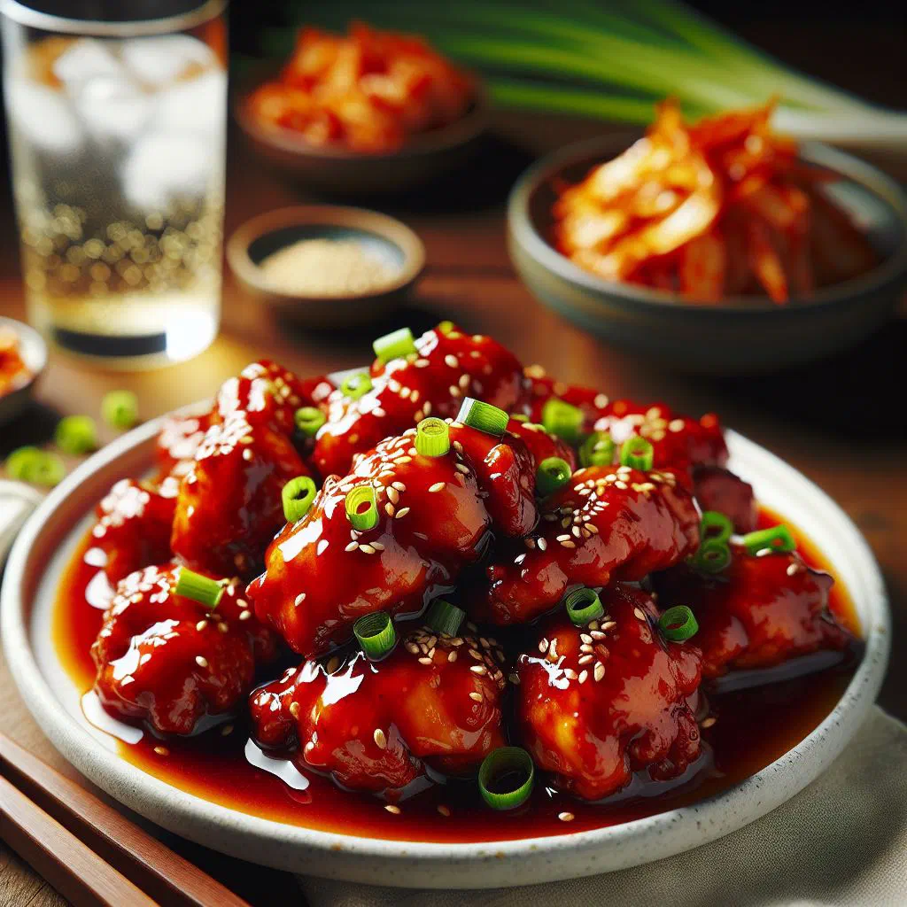 Glazed Yangnyeom chicken pieces coated in glossy red sauce and sprinkled with sesame seeds