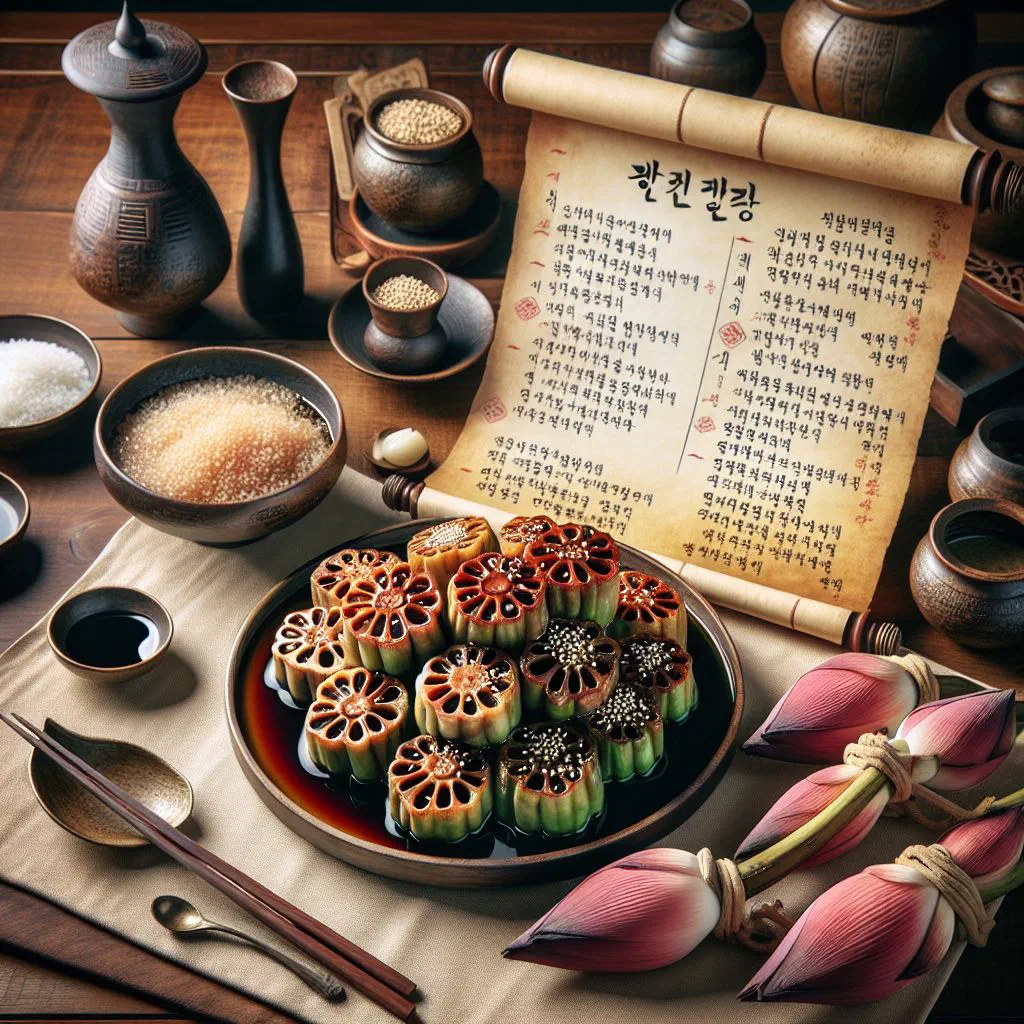 Glossy braised lotus root slices sprinkled with toasted sesame seeds