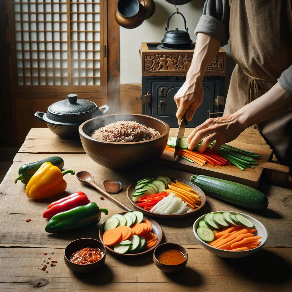 Bowl of Korean yeongyangbap nutritious rice topped with vegetables and sesame seeds