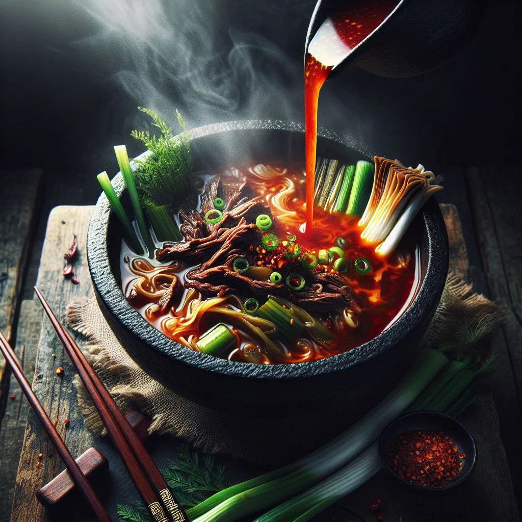 Bowl of spicy red yukgaejang beef soup with spring onions