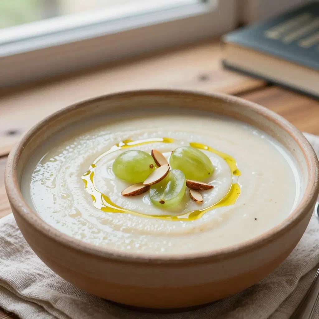 A bowl of chilled ajo blanco almond and garlic soup garnished with grapes