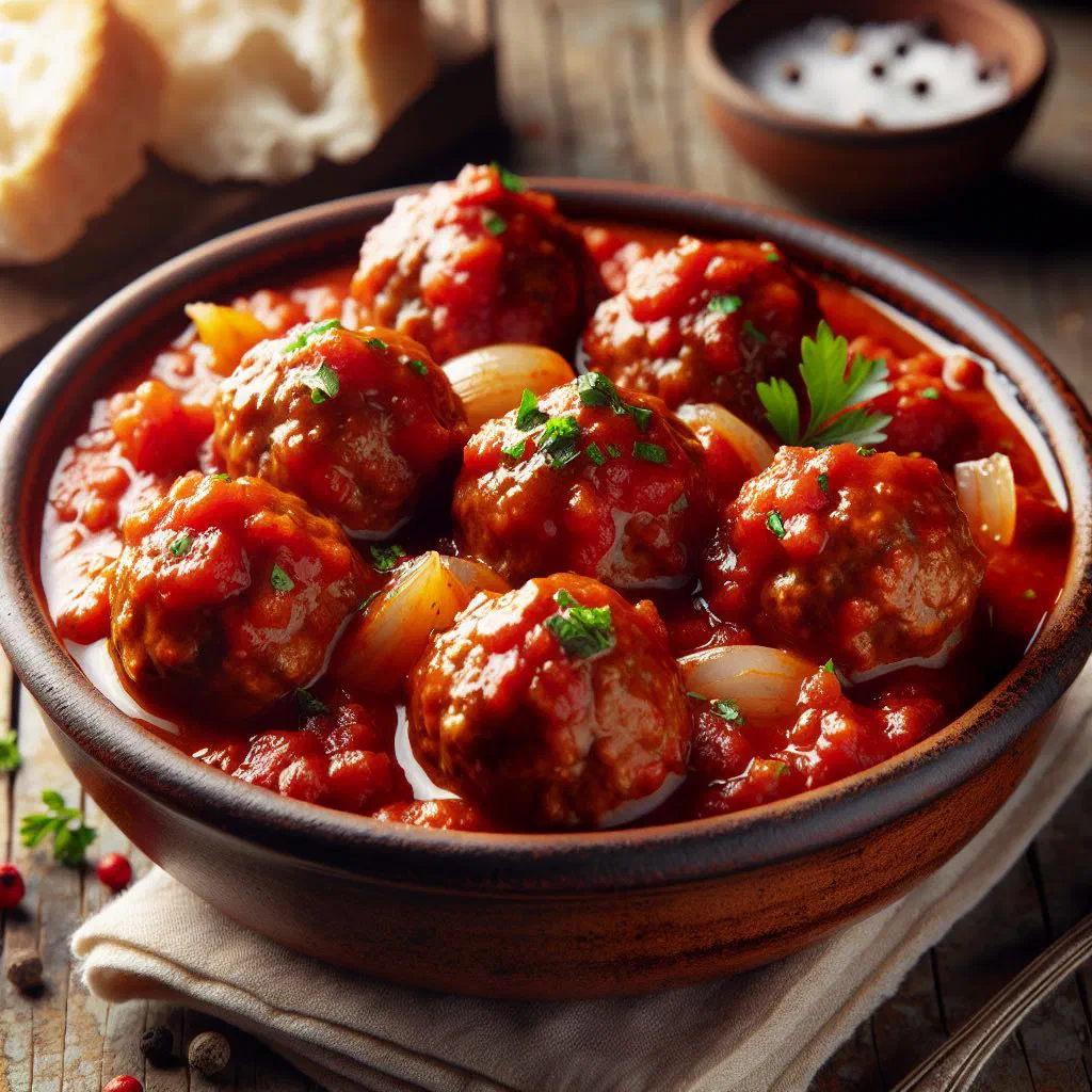 Spanish meatballs in tomato sauce garnished with fresh parsley