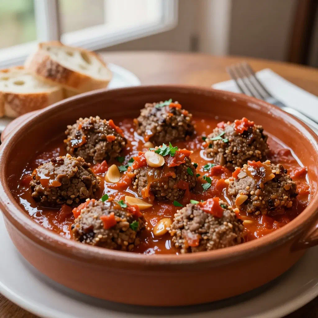 Spanish albóndigas meatballs simmered in tomato sauce with fresh parsley