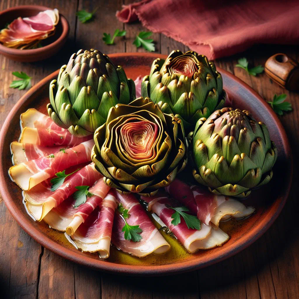 Tender artichoke hearts with crisp jamón and golden garlic in olive oil