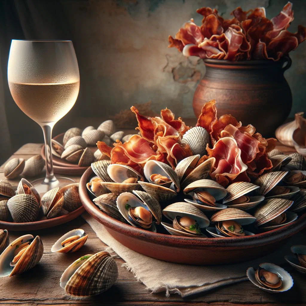 Clams cooked with Spanish ham, garlic and parsley in a pan