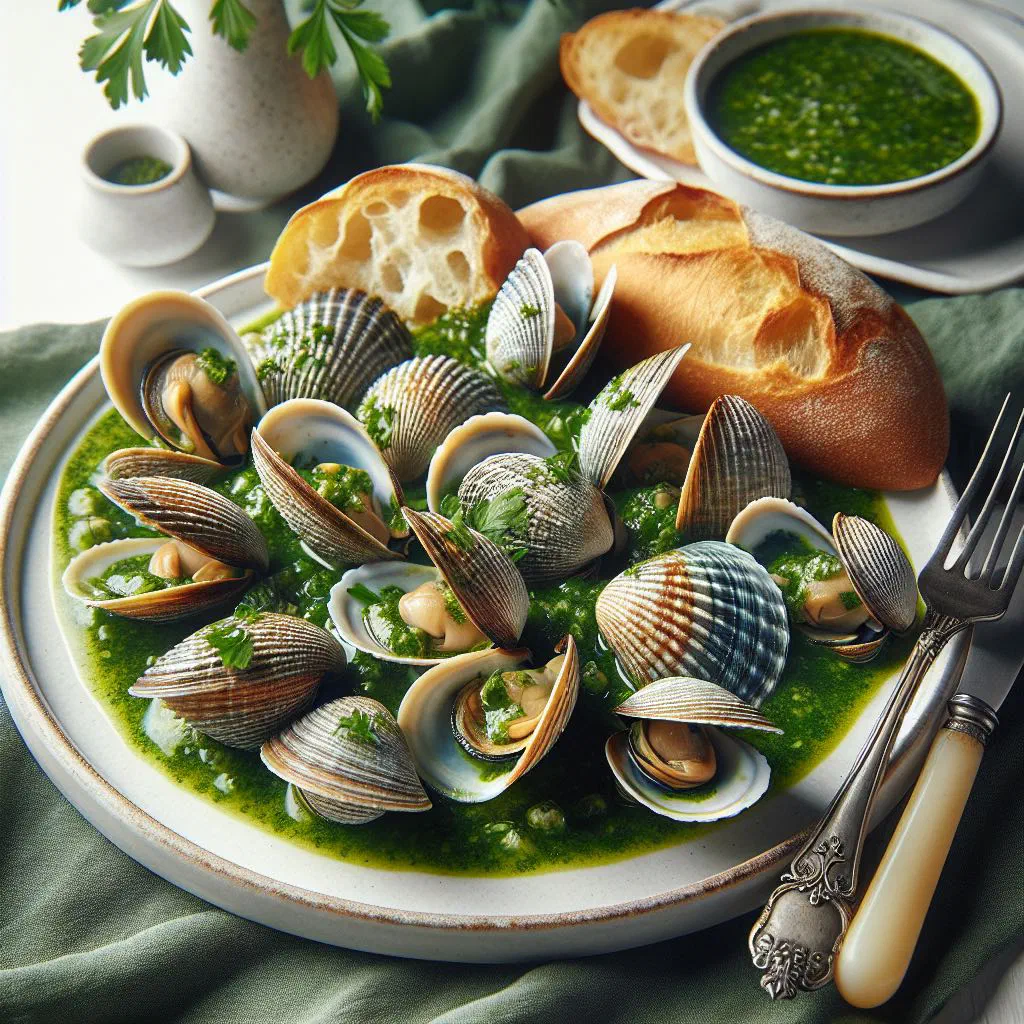 Clams in a green parsley and garlic sauce served in a shallow dish