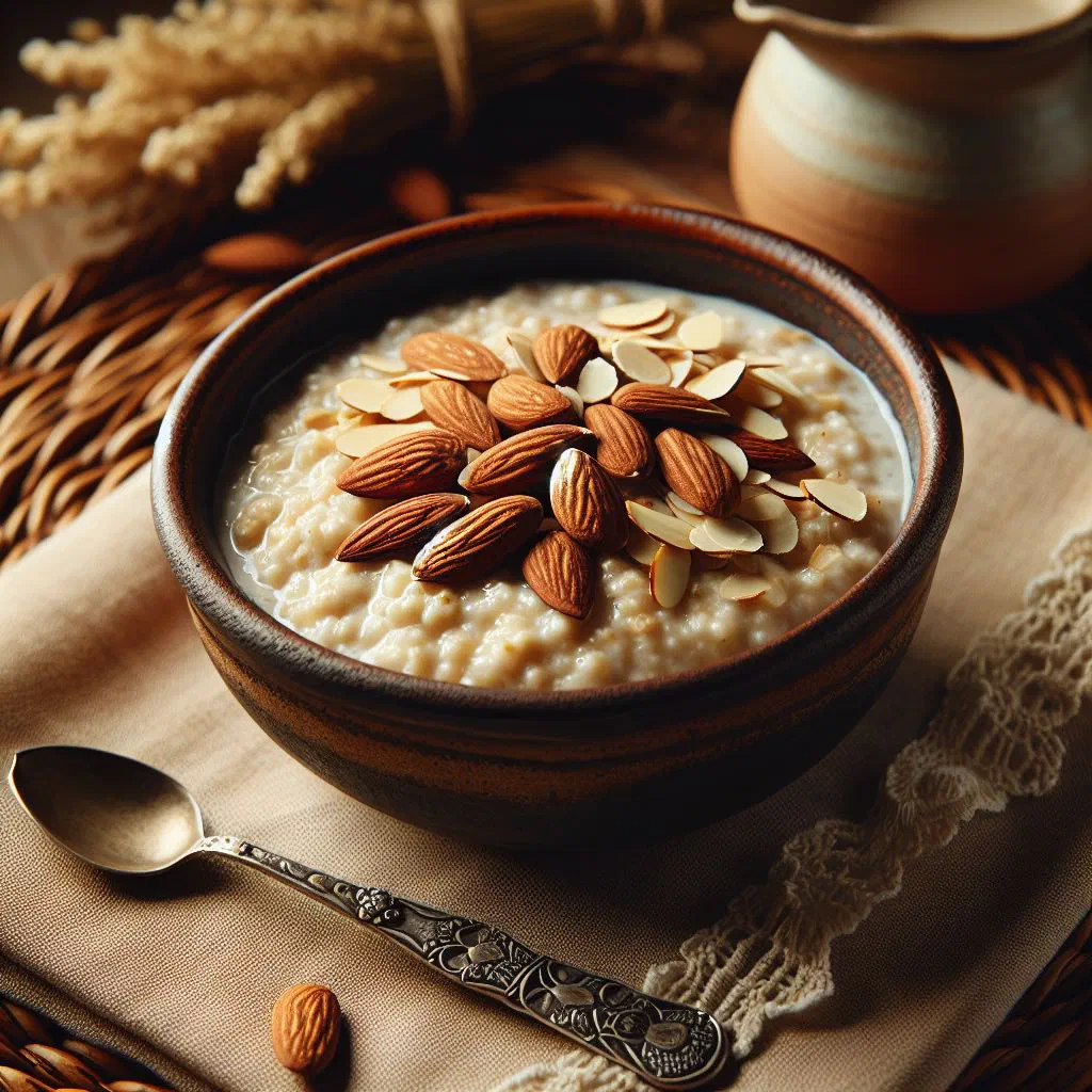 Creamy almond porridge topped with fresh fruit and ground almonds