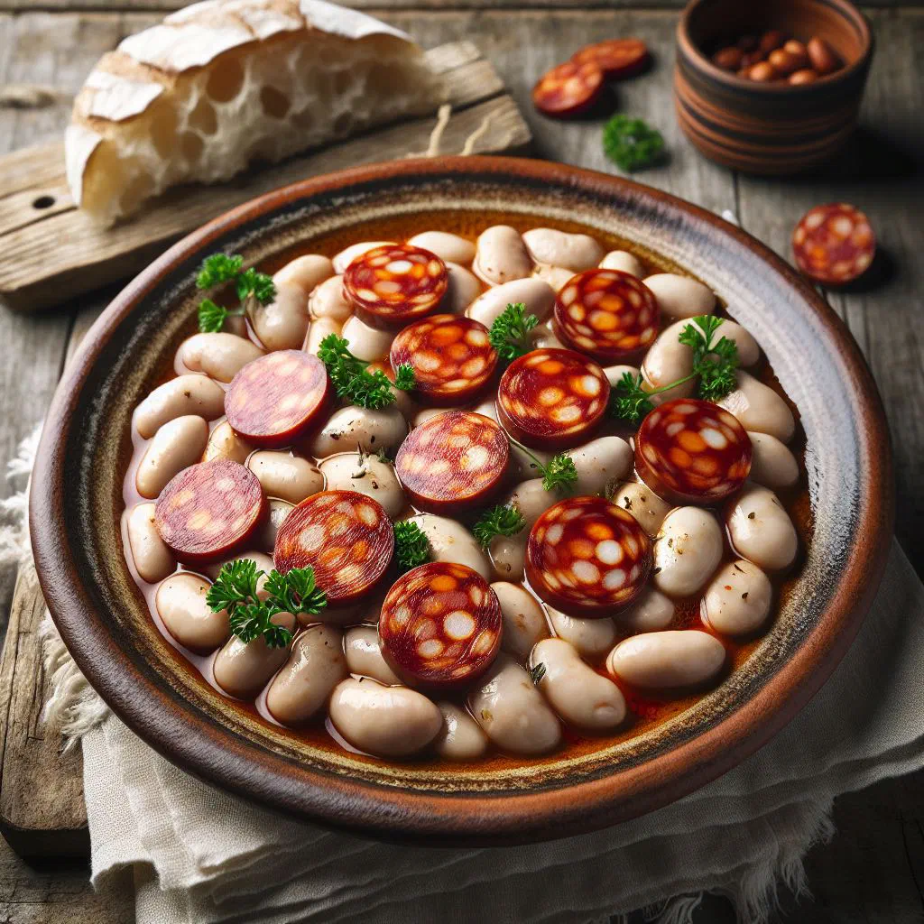 Spanish white bean stew with sliced chorizo and fresh parsley