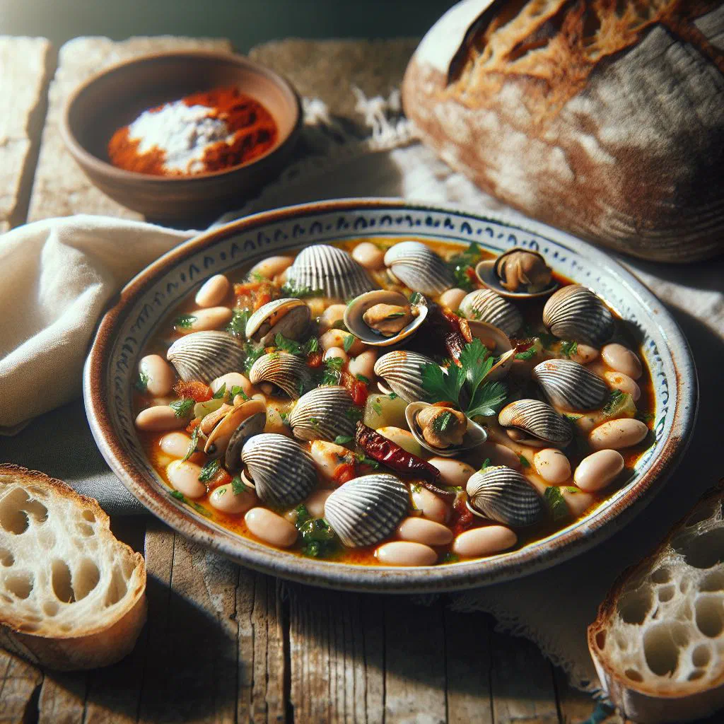 Spanish white beans with clams in a rustic bowl garnished with parsley