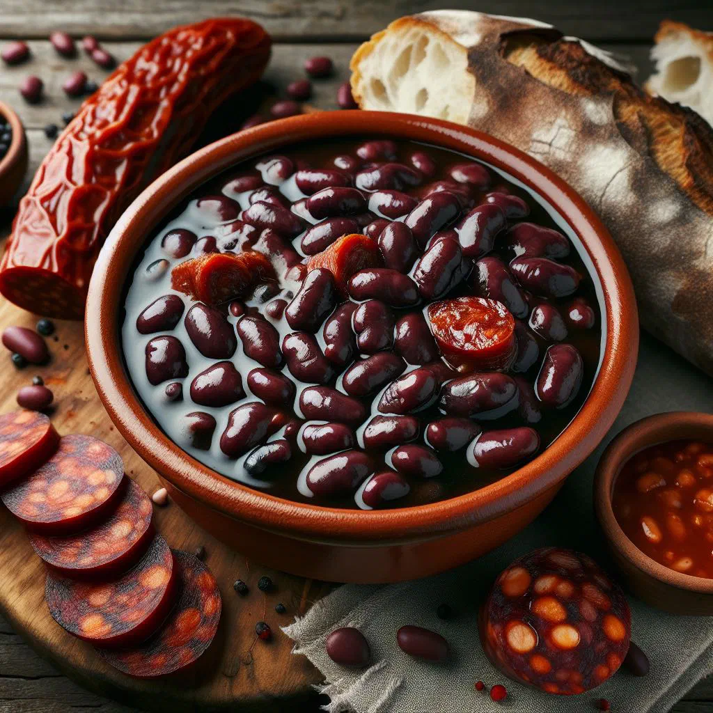 A rustic bowl of Alubias de Tolosa bean stew garnished with fresh parsley