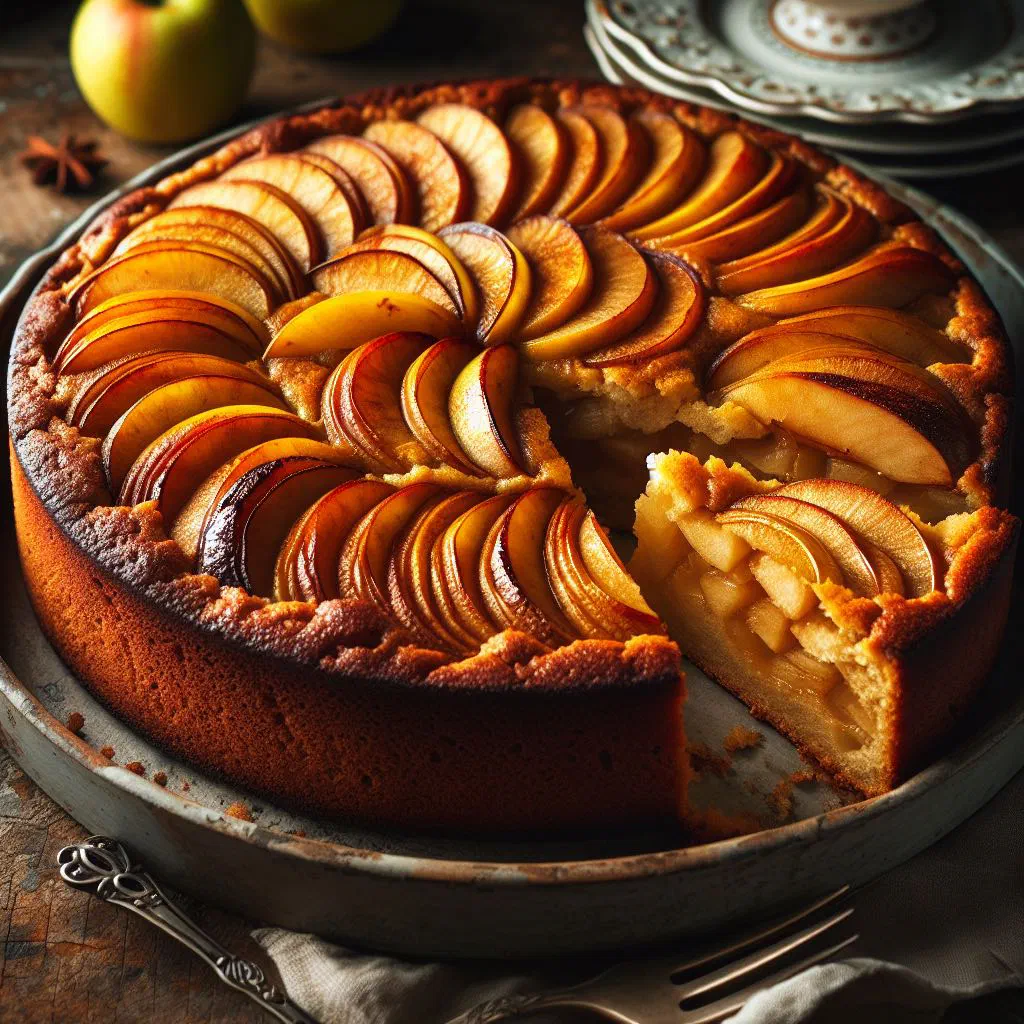 Golden Spanish apple cake topped with thin apple slices